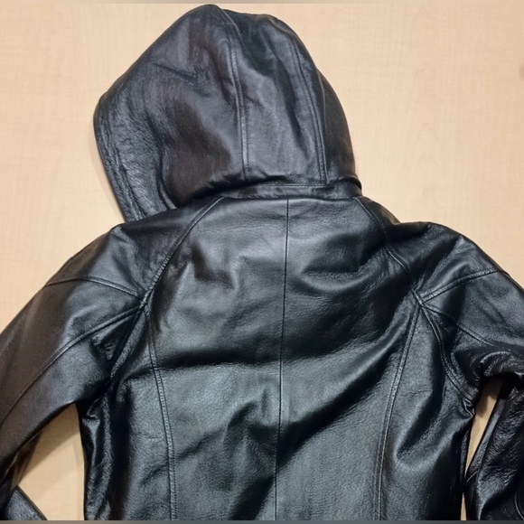 Leather Man Vintage Genuine Leather Zip Up Moto Bomber Hooded Jacket Coat Large - Picture 5 of 13